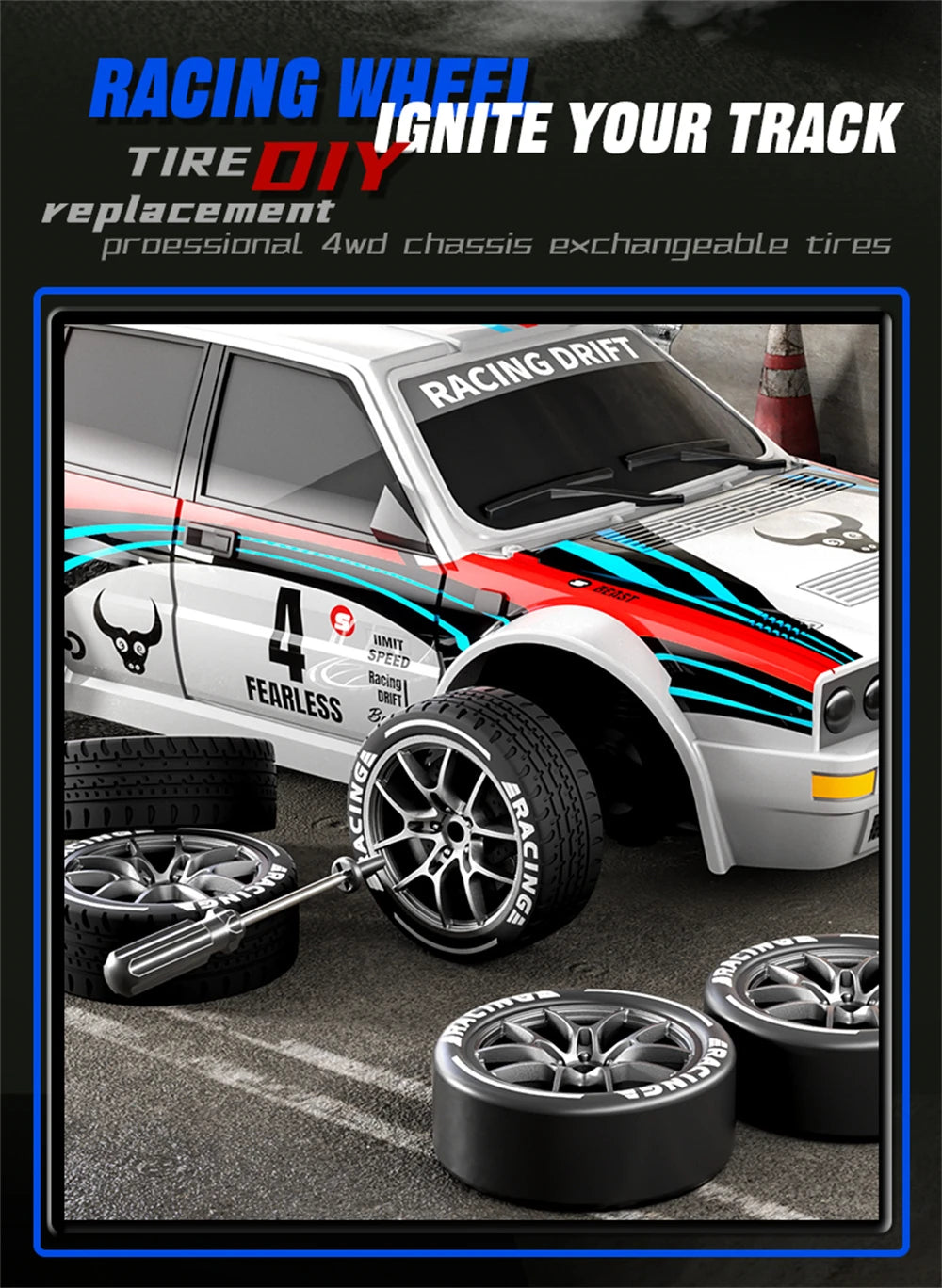 Een witte RC-rallyauto met rode en blauwe strepen, zwarte wielen en blauwe LED-verlichting, klaar voor drift- en race-activiteiten. Inclusief stuur, e