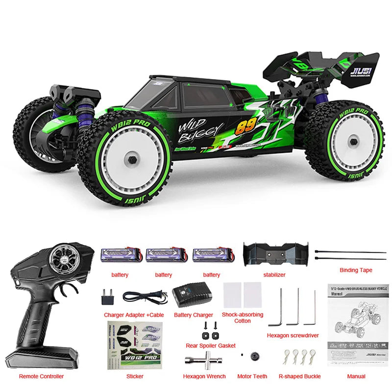 De JIUSI WB12 PRO 1/12 RC-raceauto in blauw en paars met grote terreinbanden, inclusief stuur, batterijen en oplader, geschikt voor speelplein of race