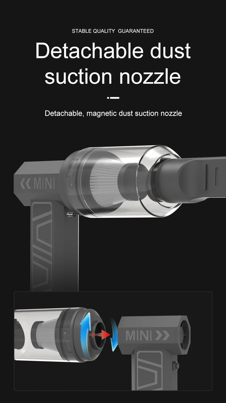 Zwart mini stofzuiger met blauwe stofstroom, inclusief diverse accessoires en USB-kabel, speciaal ontworpen voor het schoonmaken van moeilijk bereikba