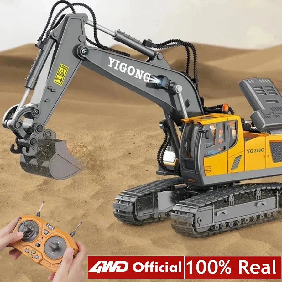 Grote, realistische RC-graafmachine in zwart en geel, met zichtbare trekkettingen en een schep die zand opvangt. Inclusief afbeeldingen van accessoire