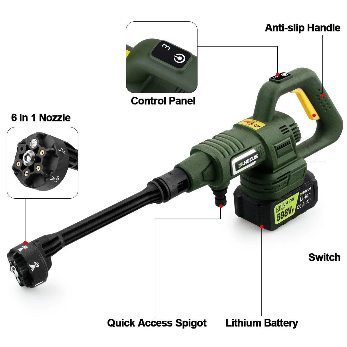 Groene Gisam elektrische carwash met BL-motor en 598V lithium-ion batterij, uitgerust met 6-in-1 nozzle en digitale display, ideaal voor professioneel