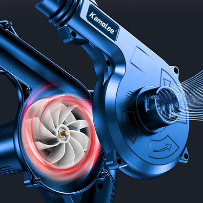 Kamolee draadloze blower in blauw met zwart uitblaasstuk, voorzien van 18V lithium-ion accu. Ideaal voor tuin- en bouwprojecten, inclusief extra accu’