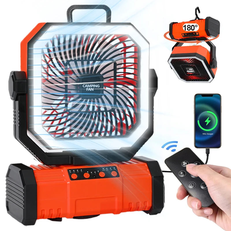 Oranje noodstroomvoorziening met USB-C oplaadpoorten, bedoeld voor outdoor-gebruik. Zichtbaar op een houten tafel met tablet en smartphone, geschikt v