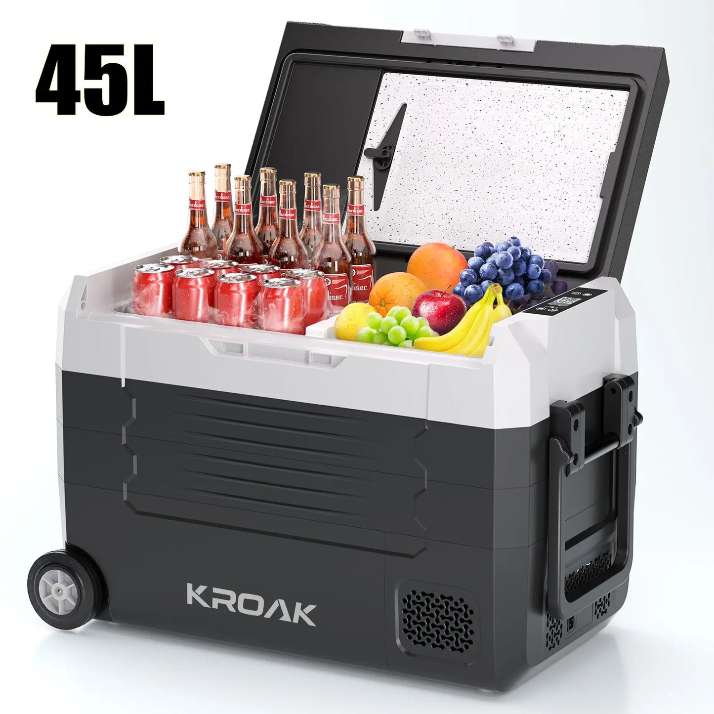 Zwart-wit koelbox met wielen, gevuld met frisdrank en fruit, voorzien van een app-gecontroleerde temperatuur. Ideaal voor kampeer- en picknicktoepassi