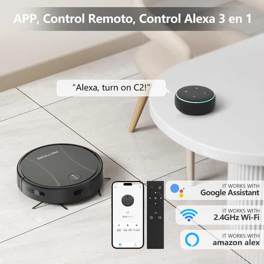 Zwart, ronde robotstofzuiger van het merk PRETTYCARE met actieve LED-indicatoren, geïntegreerd met mobiele app en afstandsbediening voor slimme huisho