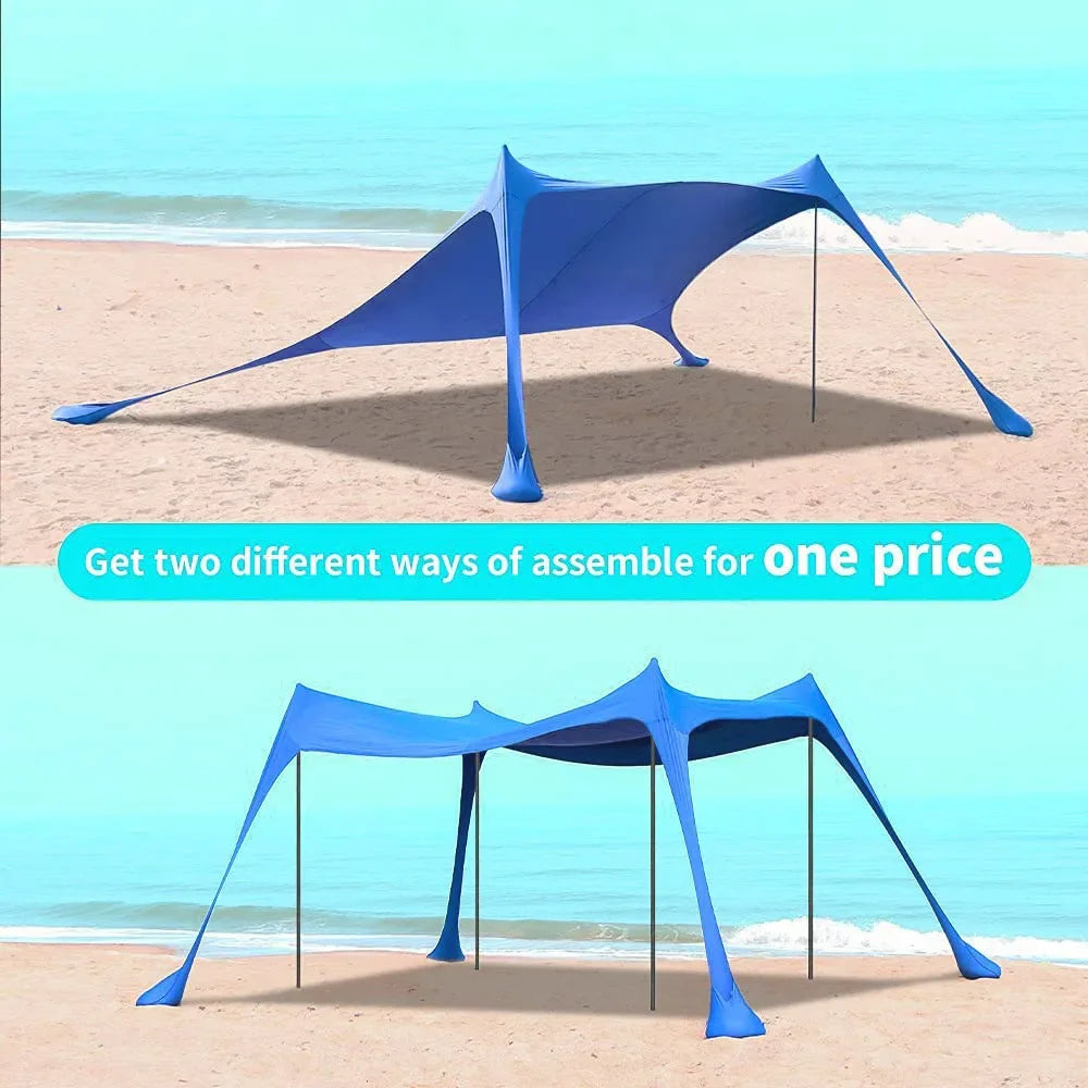 Blauwe zonnescherm tent met metalen stokken biedt schaduw op het strand. Een vrouw in bikini en strohoed rust op een ligstoel onder de tent, perfect v
