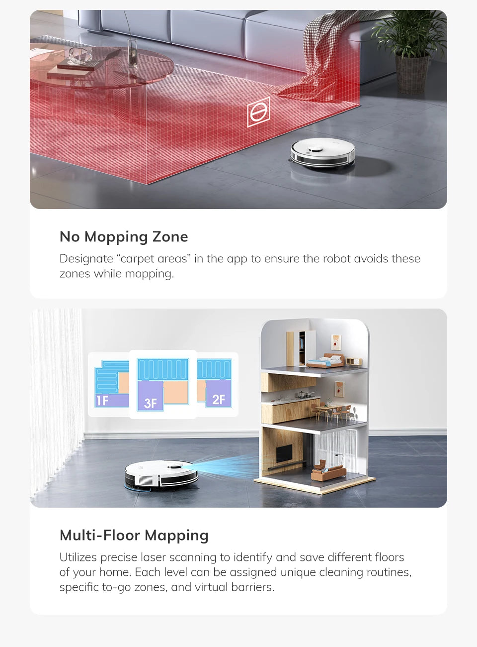 De witte ILIFE robotstofzuiger met zwart accent en app-verbinding voor slimme huishoudelijke reiniging. Geïntegreerd stofzuigstation en mobiele app vo