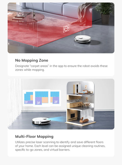 De witte ILIFE robotstofzuiger met zwart accent en app-verbinding voor slimme huishoudelijke reiniging. Geïntegreerd stofzuigstation en mobiele app vo