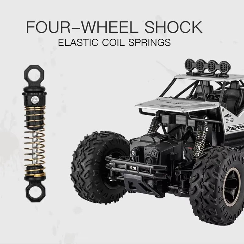 ZWN Rock climber, een zwarte, alloy-upgrade RC-4WD terreinwagen met grote, tandenrijke banden en zichtbare voor- en achtermotor. Geschikt voor off-roa