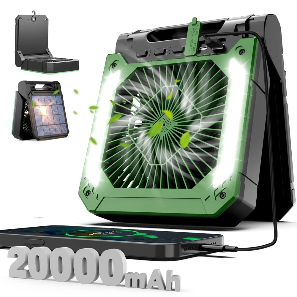 Groene draagbare ventilator met LED-verlichting en zonne-energiepaneel, uitgerust met USB-poorten en 20000mAh accu voor outdoor-gebruik en mobiele opl