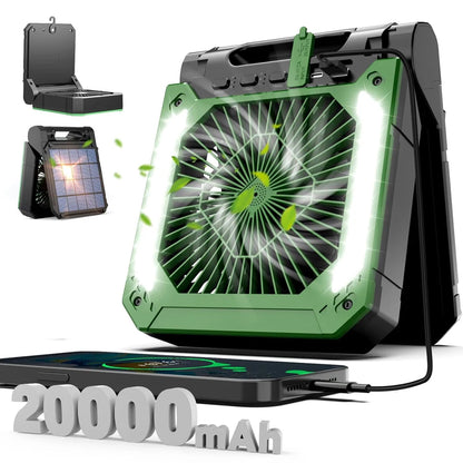 Groene draagbare ventilator met LED-verlichting en zonne-energiepaneel, uitgerust met USB-poorten en 20000mAh accu voor outdoor-gebruik en mobiele opl