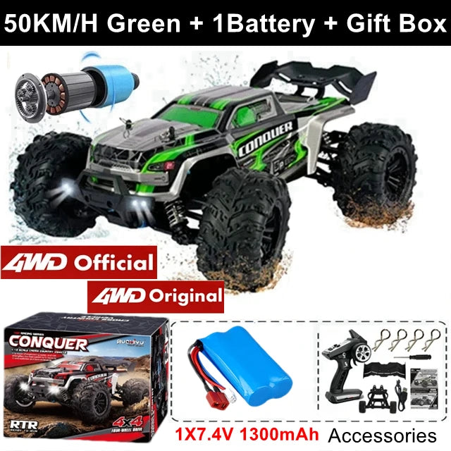 Zwart en roze RC monstertruck met grote terreinbanden en blauwe LED-verlichting, in actie op modderig terrein. Geschikt voor extreme terreinraces en s
