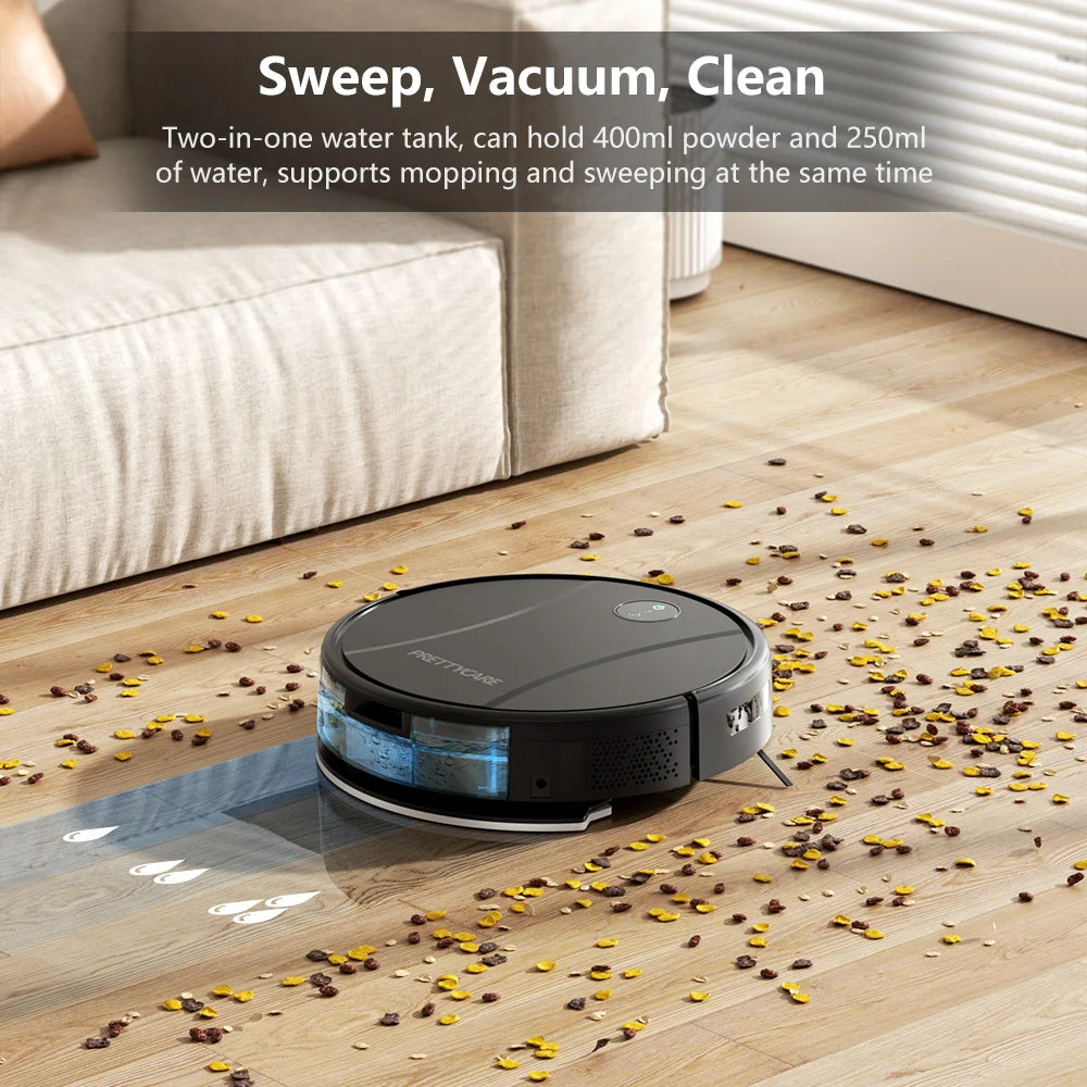 Zwart, glanzend robotstofzuiger van het merk PRETTYCARE met actieve LED-indicatie, geïntegreerd met mobiele app en afstandsbediening voor slimme huish