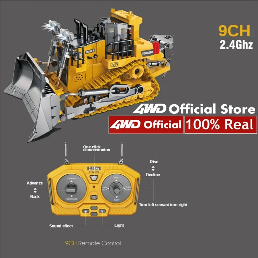 Grote, realistische RC-graafmachine in zwart en geel, met beweegbare schep en zichtbare batterijen, klaar voor speelplein of bouwproject. Ideaal voor 