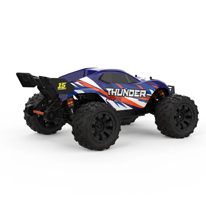 Blauwe JIUSI MT14R 1/14 RC-raceauto met zwarte banden en "STORM" en "THUNDER" opschrift, geschikt voor speelgoedraces en buitenactiviteiten. - Foto 26