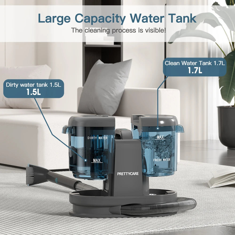 De PrettyCare vloerstofzuiger in zwart met blauwe waterreservoirs voor vloeren en tegels. Zichtbaar met flexibele slang en borstelkop, geschikt voor h
