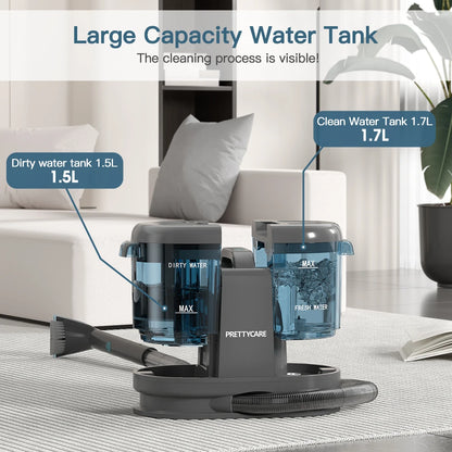 De PrettyCare vloerstofzuiger in zwart met blauwe waterreservoirs voor vloeren en tegels. Zichtbaar met flexibele slang en borstelkop, geschikt voor h