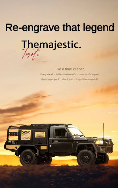 De ZWN MN82S 1:12 RC Toyota Land Cruiser in bruin, met zichtbare rubberen banden en metalen bumper, staat op rotsachtig terrein. Officieel licentiepro