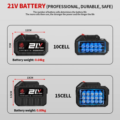 Een Onevan draadloze bladzager met 21V lithium-batterij, blauw-zwarte kleur, voor krachtige houtbewerking. Geschikt voor professionele houtbewerkingsa