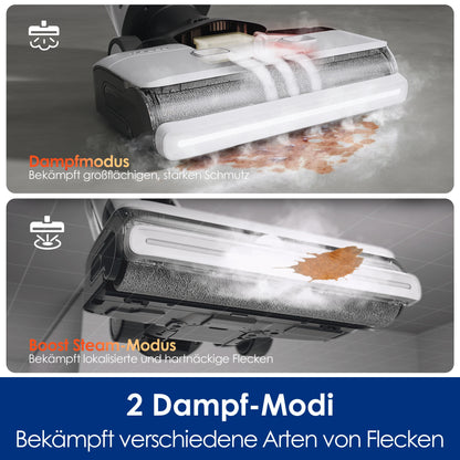 De Tineco stoomveegstof is een modern, zwart-wit apparaat met een transparante waterreservoir en een stoomkop die damp uitblaast. Geschikt voor effici