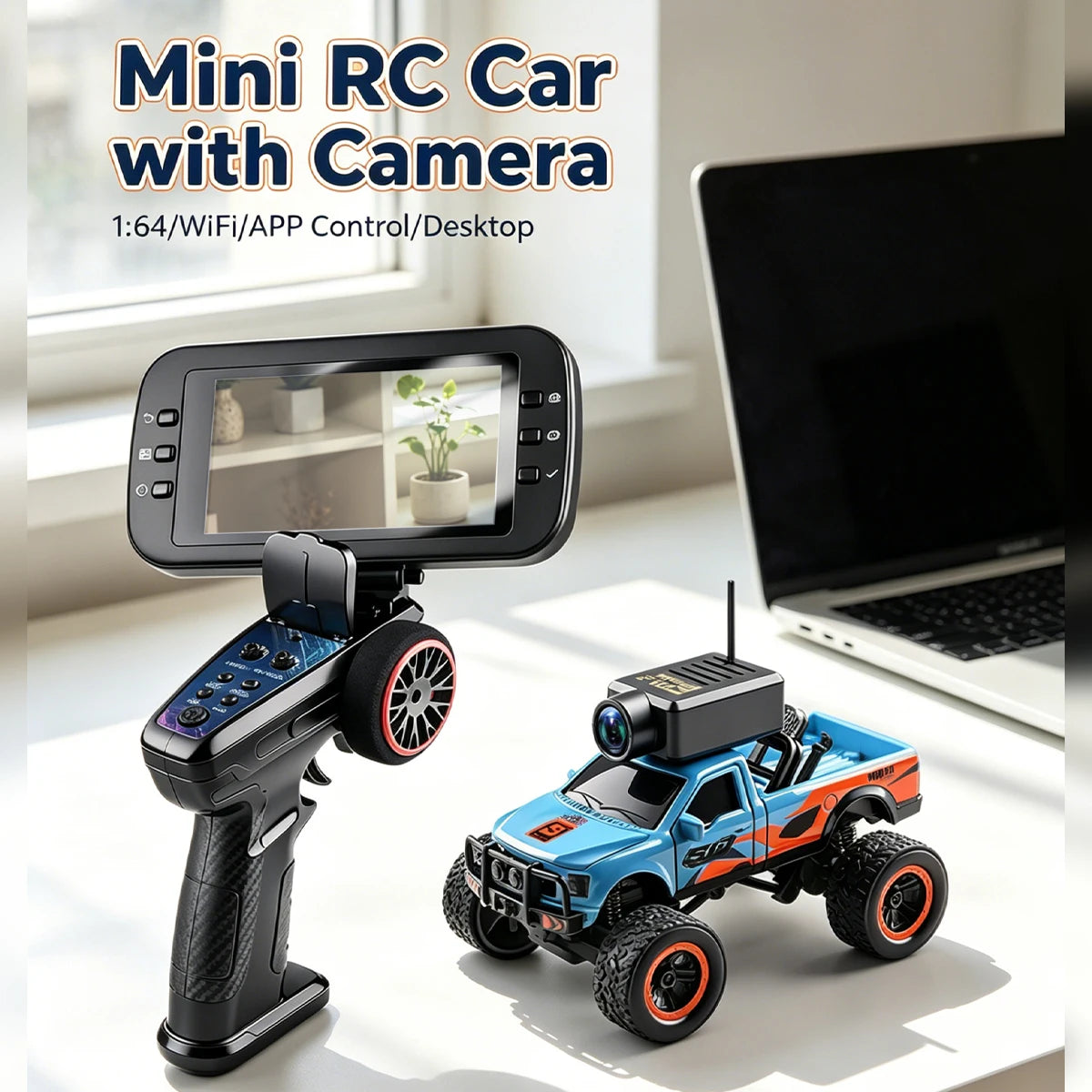 Rode 1:64 schaal RC off-road truck met VR-bril ondersteuning, uitgerust met camera en stuurcontroller voor speelplezier op zware terreinen en virtuele