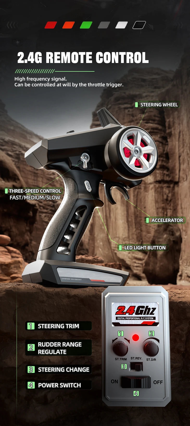 Zwart Rigid off-road RC-raceauto met rode velgen en LED-verlichting, uitgerust met stuur, batterijen en opbergzak voor terreinrijden en speelplezier. 