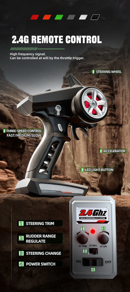 Zwart Rigid off-road RC-raceauto met rode velgen en LED-verlichting, uitgerust met stuur, batterijen en opbergzak voor terreinrijden en speelplezier. 