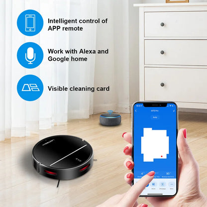 Zwarte, glanzende LIECTROUX robotstofzuiger met app- en afstandsbediening, geschikt voor dagelijks schoonmaken van vloeren in huishoudens. - Foto 2