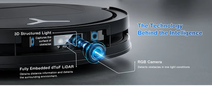 EcoVacs robotstofzuiger met zwart glanzend ontwerp en zichtbare blauwe mop, klaar voor automatische vloerreiniging. Modern design met waterreservoir e