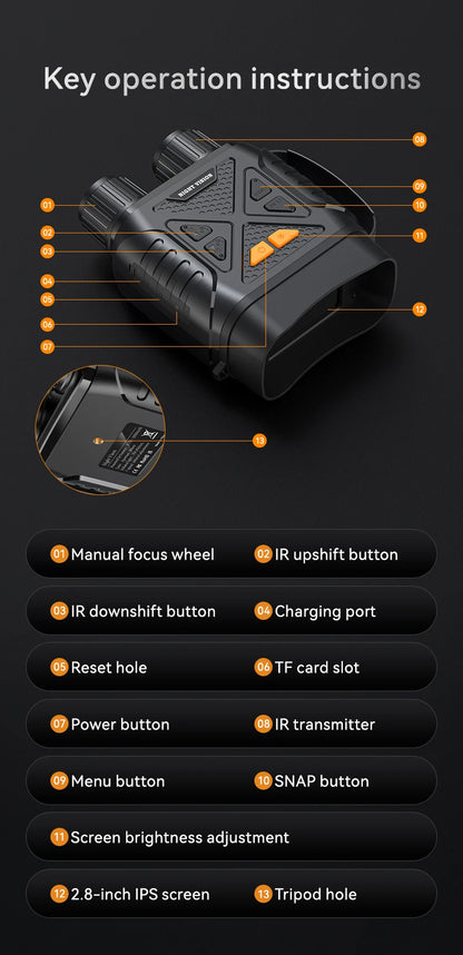 Zwarte nachtzicht binoculair met 3W, 850NM, toont herten in bos bij zonsondergang. Inclusief USB-kabel, riem en extra oculaire lens voor jacht- en avo