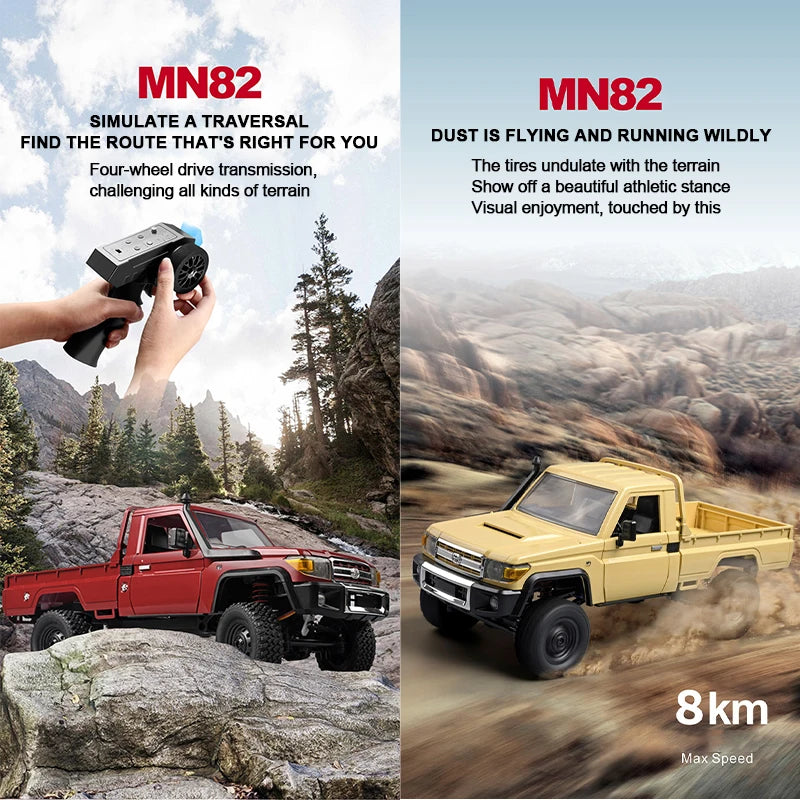 De ZWN MN82S 1:12 RC Toyota Land Cruiser in bruin, met grote off-road banden en een zichtbare antenne, staat op rotsachtig terrein. Officieel licentie