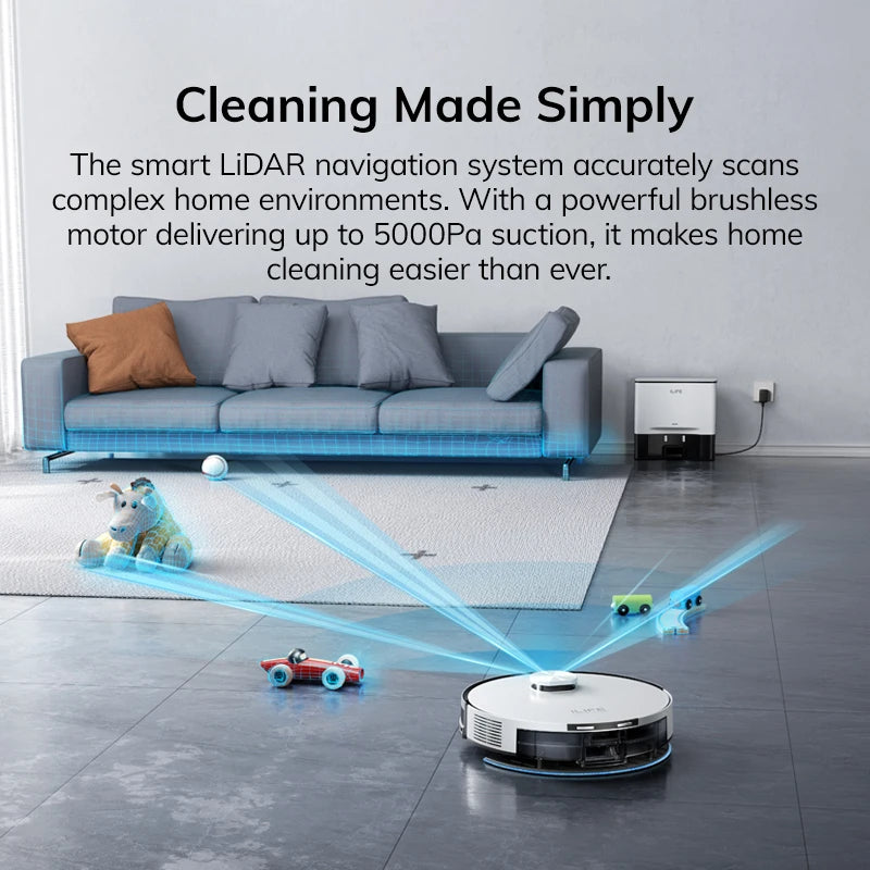 De witte ILIFE robotstofzuiger met zwart accent en app-geconnecte display, klaar voor automatische vloerreiniging in huishoudens. Geoptimaliseerd voor