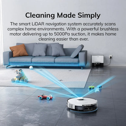 De witte ILIFE robotstofzuiger met zwart accent en app-geconnecte display, klaar voor automatische vloerreiniging in huishoudens. Geoptimaliseerd voor