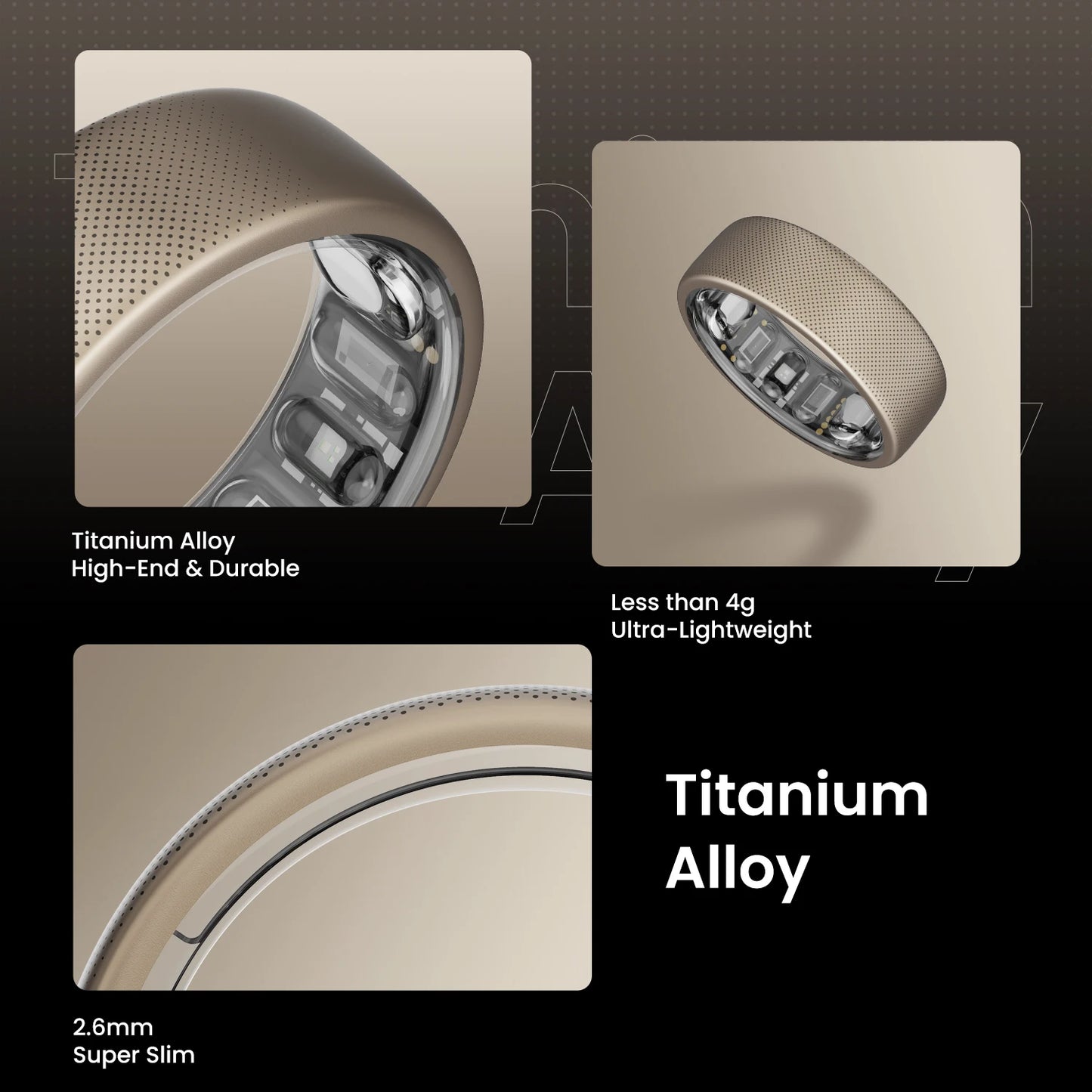 De Amazfit Helio Ring, een goudkleurige, 2,6 mm dunne slimme ring met perforaties en zichtbare sensorcomponenten, is een draadloze fitness tracker voor dagelijks gebruik en sportactiviteiten. - Foto 2