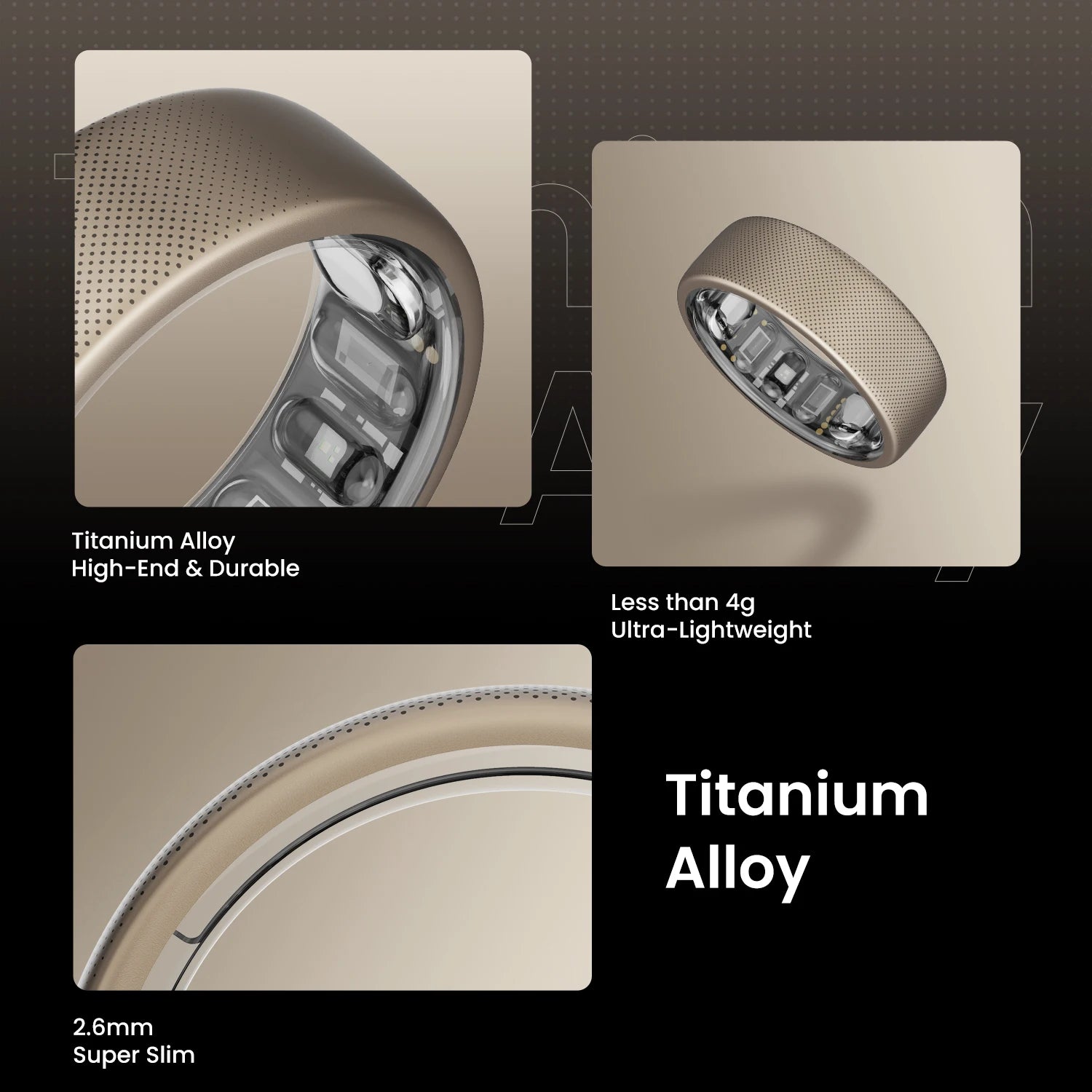 De Amazfit Helio Ring, een goudkleurige, 2,6 mm dunne slimme ring met perforaties en zichtbare sensorcomponenten, is een draadloze fitness tracker voor dagelijks gebruik en sportactiviteiten. - Foto 2