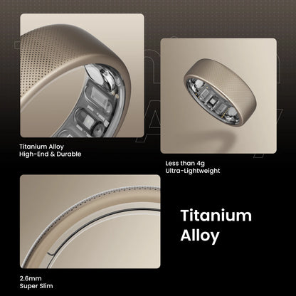 De Amazfit Helio Ring, een goudkleurige, 2,6 mm dunne slimme ring met perforaties en zichtbare sensorcomponenten, is een draadloze fitness tracker voor dagelijks gebruik en sportactiviteiten. - Foto 2