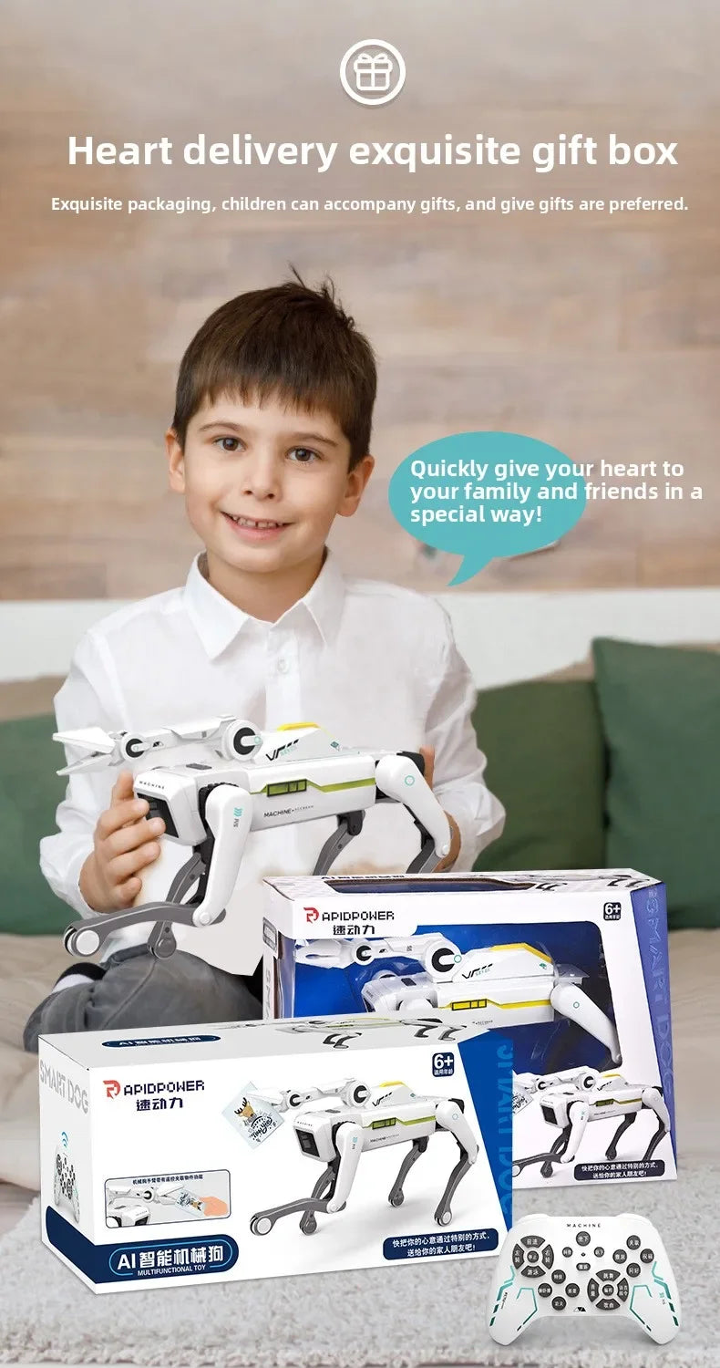 De witte 2.4G RC Smart Dog met groene accenten en zwarte poten, uitgerust met Bluetooth en een afstandsbediening, is een speelgoedrobot voor kinderen 