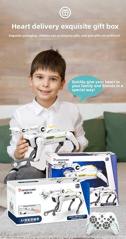 De witte 2.4G RC Smart Dog met groene accenten en zwarte poten, uitgerust met Bluetooth en een afstandsbediening, is een speelgoedrobot voor kinderen 