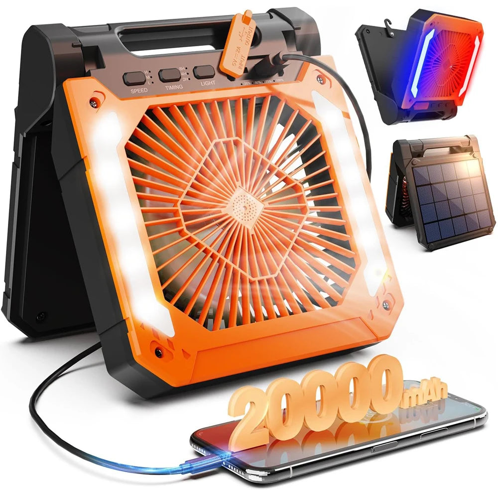Groene draagbare ventilator met LED-verlichting en zonnepaneel, uitgerust met USB-poorten en 20000mAh accu voor outdoor-gebruik en mobiele oplading. -