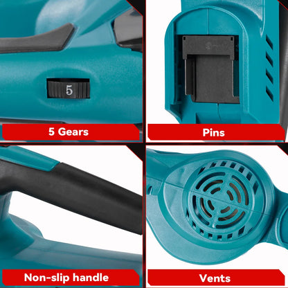Een bladzwaaiertje van Onevan met blauw-zwarte kleur en 588V batterijen, geschikt voor tuin- en bouwprojecten. 5500W vermogen en 5 versnellingen voor 