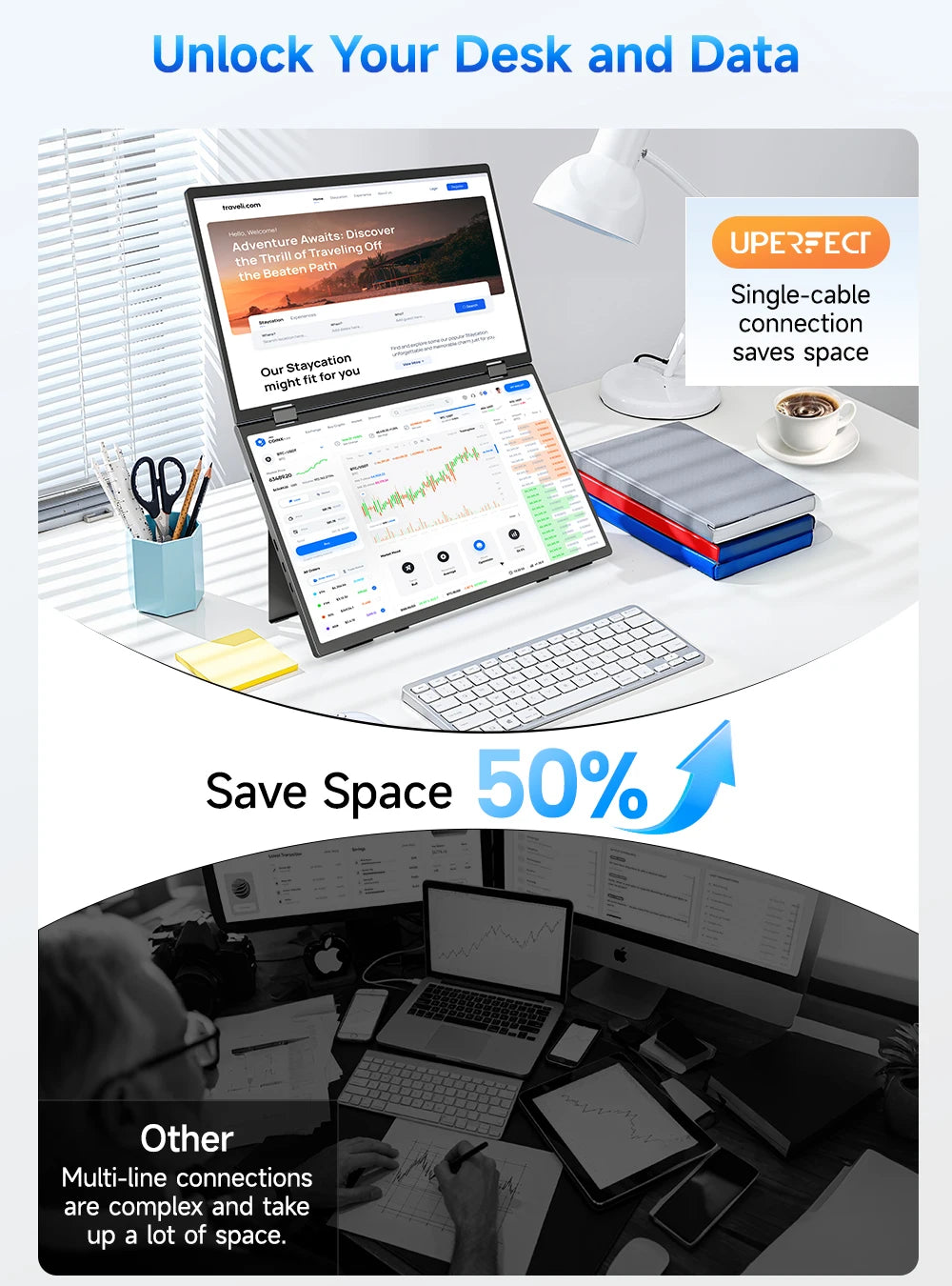 De UPERFECT 15,6-inch dubbel scherm laptop met 1080P FHD resolutie, 350 nits helderheid en 100% sRGB kleurweergave, ideaal voor gaming en creatieve we