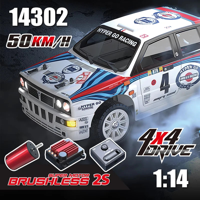 Een witte 1:14 schaalmodel rallyauto met blauwe en rode strepen, 4x4 aandrijving en een supermotor, geschikt voor racetracks en speelpleinen. Geschikt