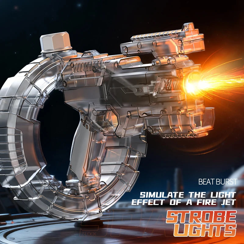 De elektrische waterpistool Shark MK-1 heeft een transparante, futuristische constructie met een donkerblauwe grip en een opvallende oranje uitlaat. H