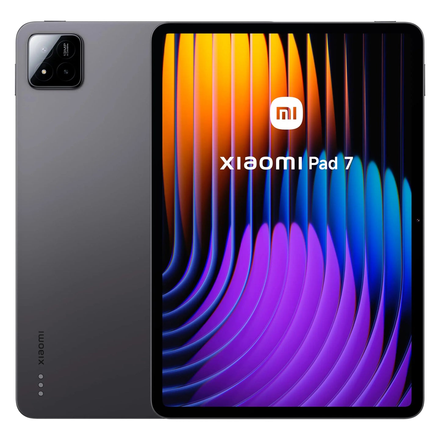 De Xiaomi Pad 7 Wifi in donkergrijs met een kleurrijk schermbeeld, voorzien van een driekamer camera en zichtbare RAM/ROM specificaties, geschikt voor