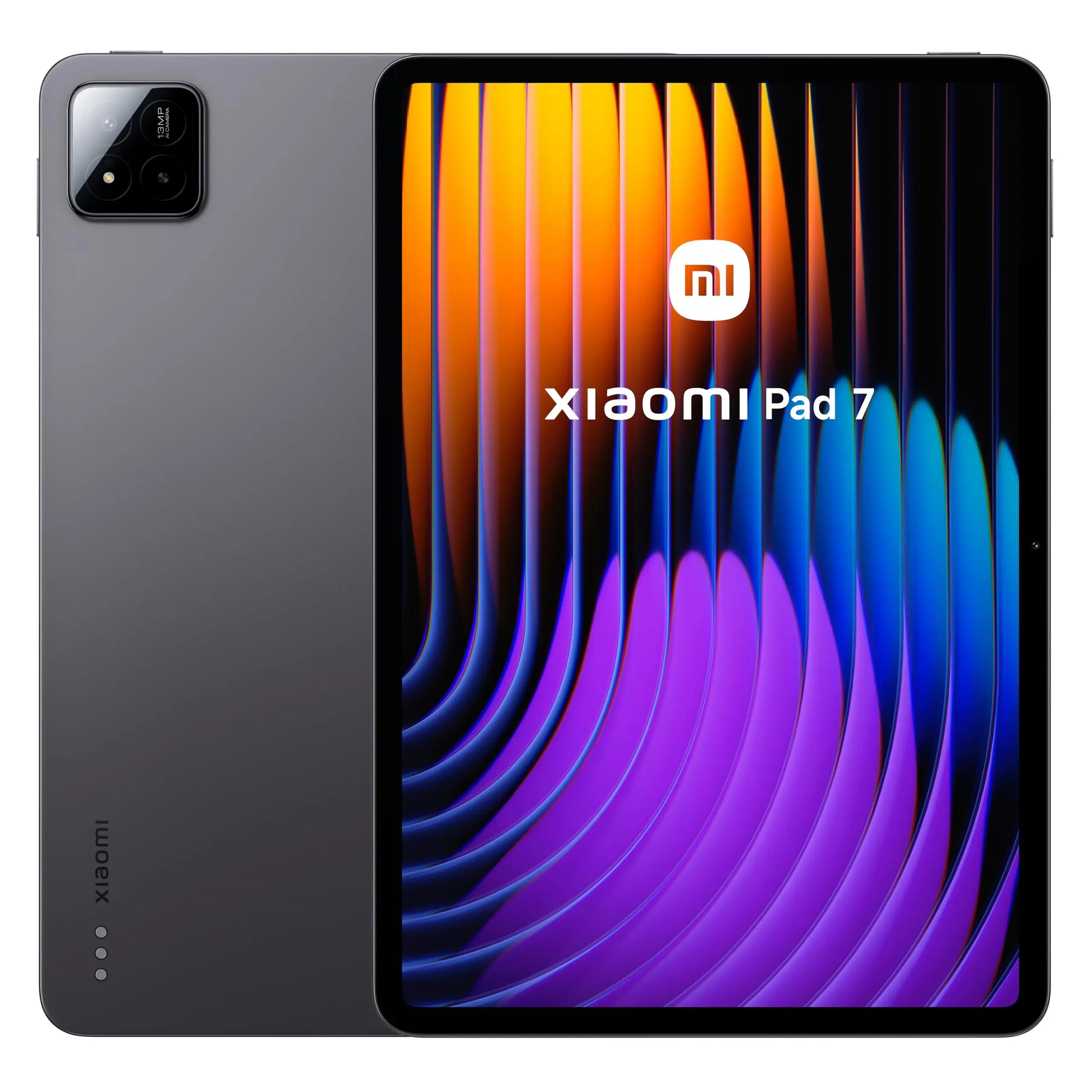 De Xiaomi Pad 7 Wifi in donkergrijs met een kleurrijk schermbeeld, voorzien van een driekamer camera en zichtbare RAM/ROM specificaties, geschikt voor
