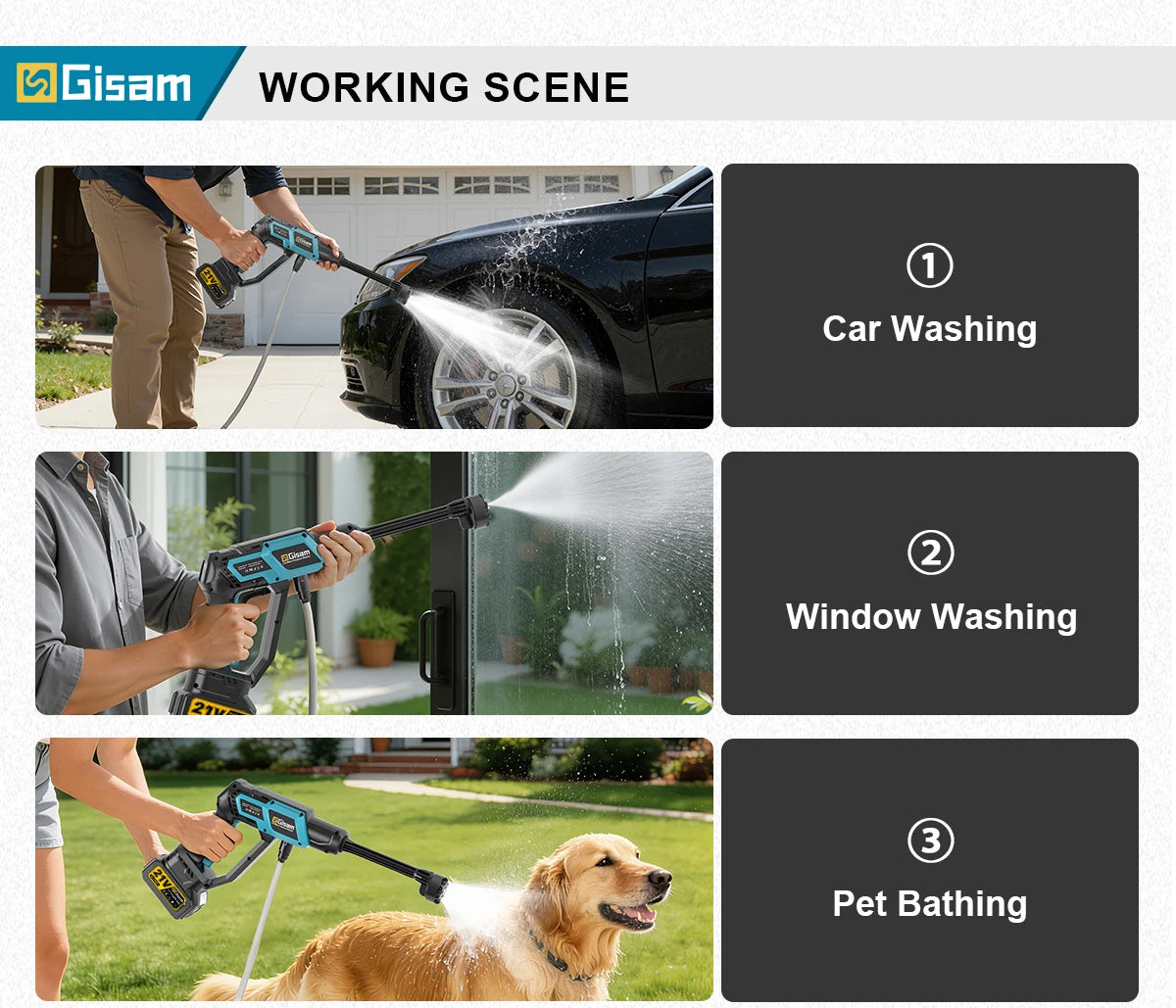 De Gisam draadloze car wash met blauw-zwarte handgreep en digitale display spoelt een zwarte auto schoon. Apparaat heeft 220 bar druk en 7 L/min stroo