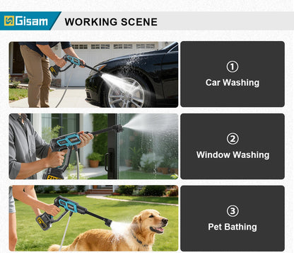 De Gisam draadloze car wash met blauw-zwarte handgreep en digitale display spoelt een zwarte auto schoon. Apparaat heeft 220 bar druk en 7 L/min stroo