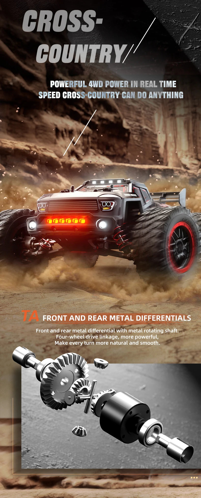 Zwart Rigid off-road RC-raceauto met rode velgen en LED-verlichting, uitgerust met 3 blauwe batterijen, stuurcontroller en opbergzak voor terreinrijde