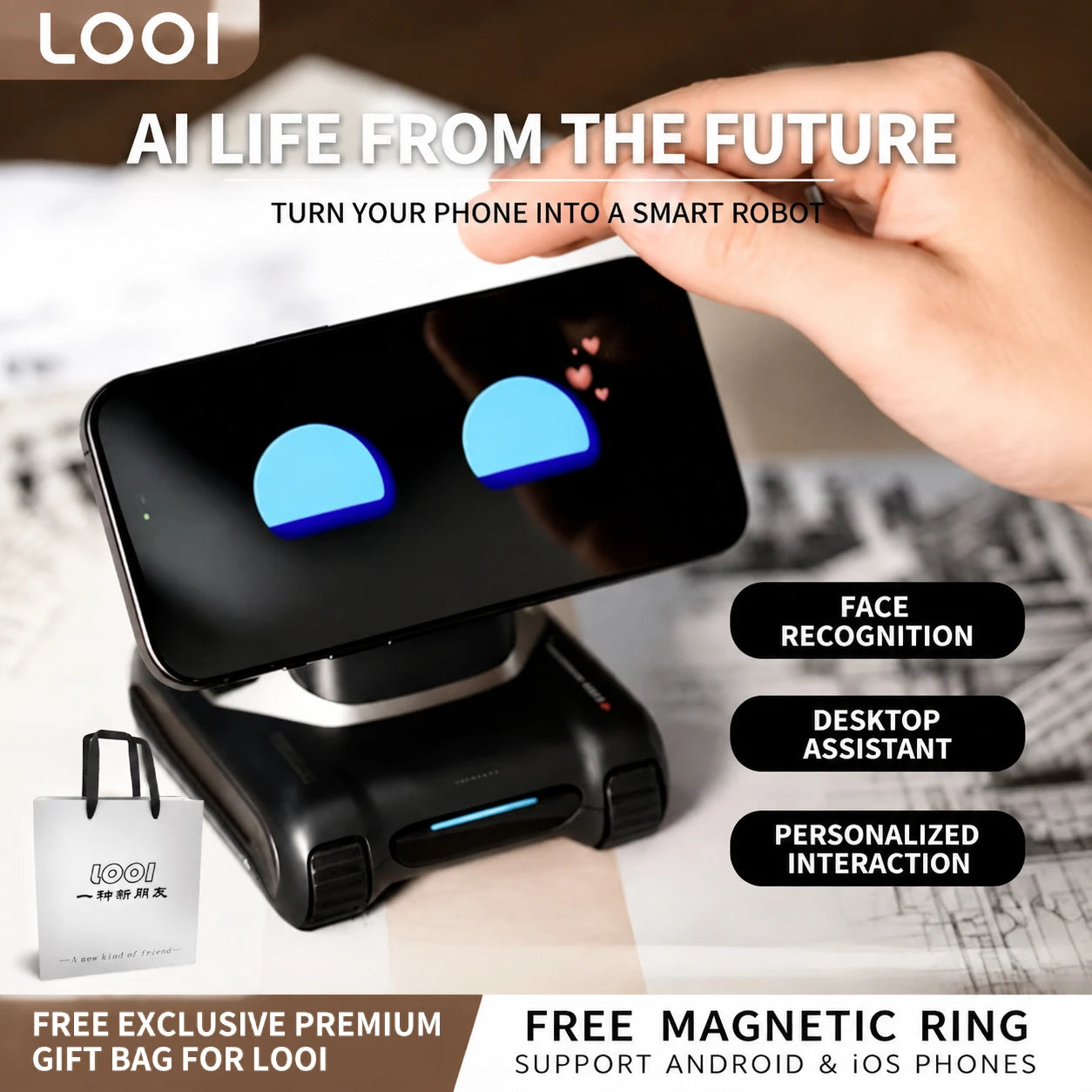 Een zwarte LOOI slimme robot met blauwe oogleden, geplaatst op een magnetisch houder voor smartphones. Ideaal als desktop assistent voor persoonlijke 