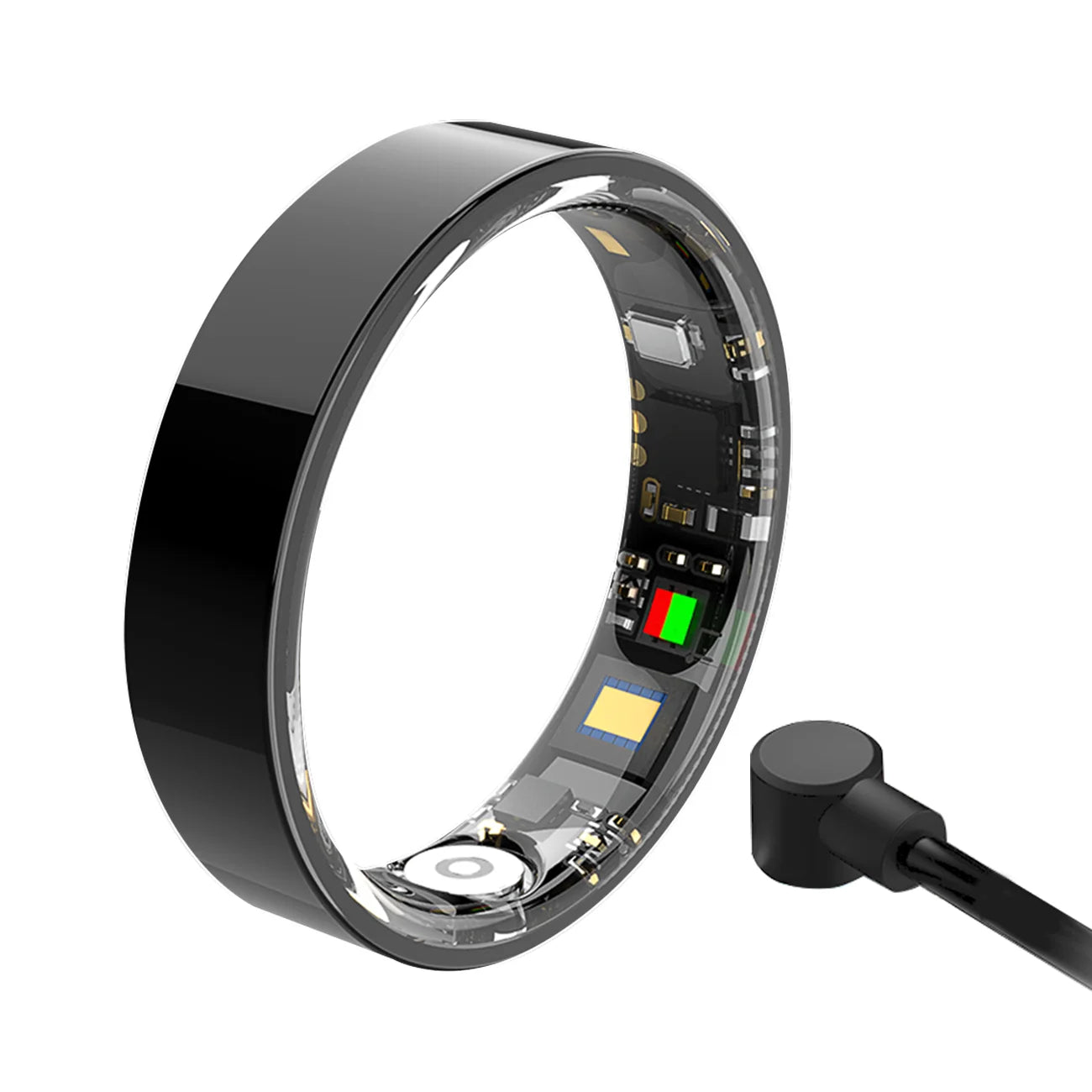 Een slimme ring in zilver, zwart en goud, met zichtbare technische componenten en een IP68 waterdichte constructie, geschikt voor sportieve activiteiten en afstandsbediening van de camera. - Foto 8